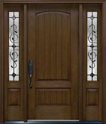 Modern fiberglass entry door with decorative glass sidelights and transom for style, durability, and energy efficiency.